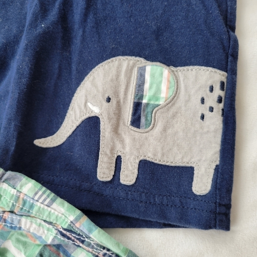 Just One You 2pc Navy blue elephant short sleeve w/ green & blue plaid shorts 9m - Picture 2 of 6